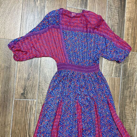 Vintage Diane Freis Dress Womens Medium Blue Red Floral Georgette Flare Boho 80s - Picture 14 of 16